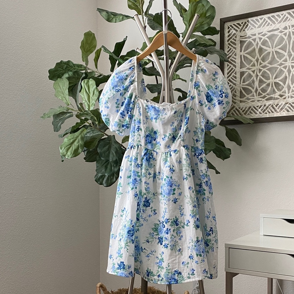 Altar’d State | Blue Floral Puff Sleeve Mini Dress Smocked Back - Size M
